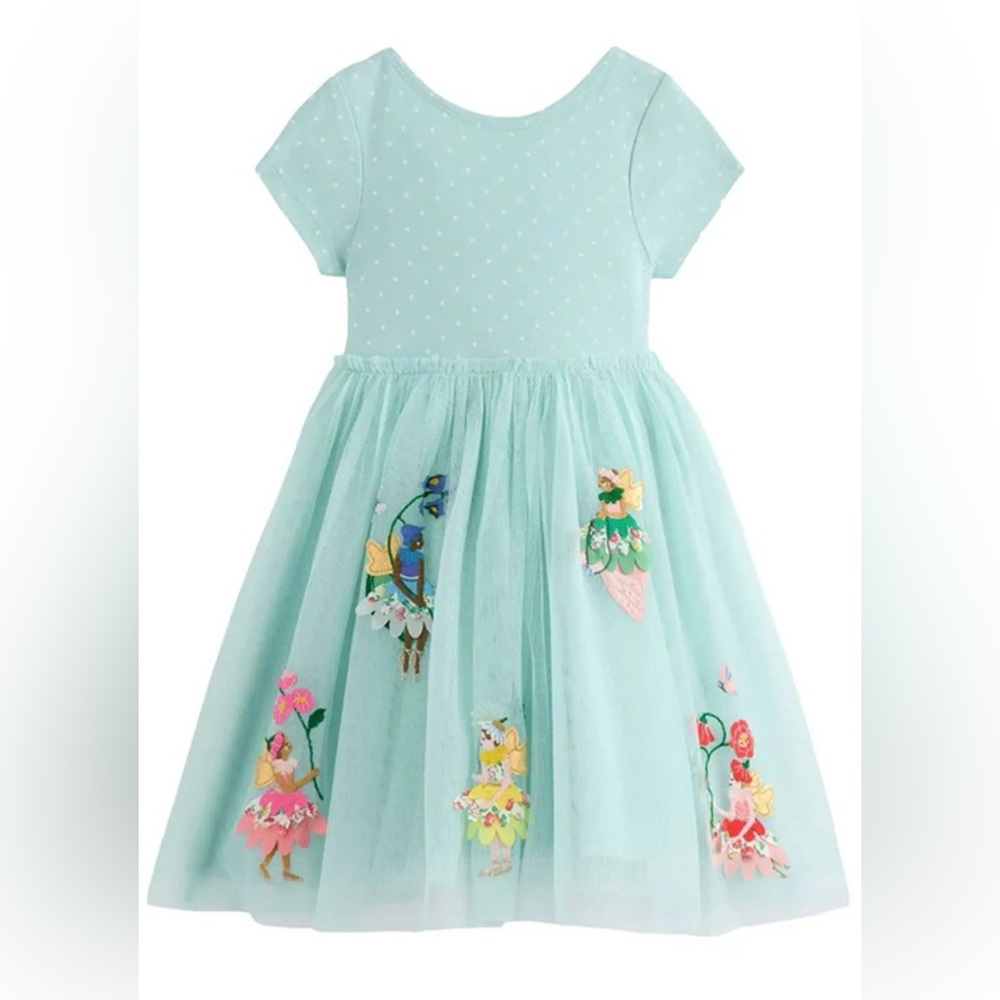 Mini Boden Ami Appliqué Tulle Dress in the "Spearmint Blue Flower Fairies" 9-10